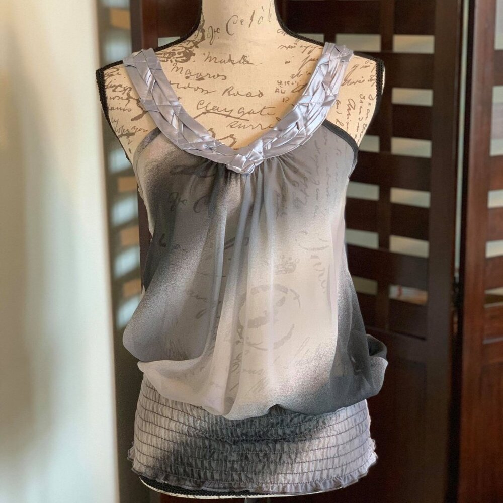Sheer & Shimmer, Silver & Grey Sleeveless Top/Blouse with Cinched Bottomed Waist